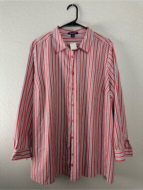 Roaman's Kate button up long-sleeve red, white, and navy blue striped pattern